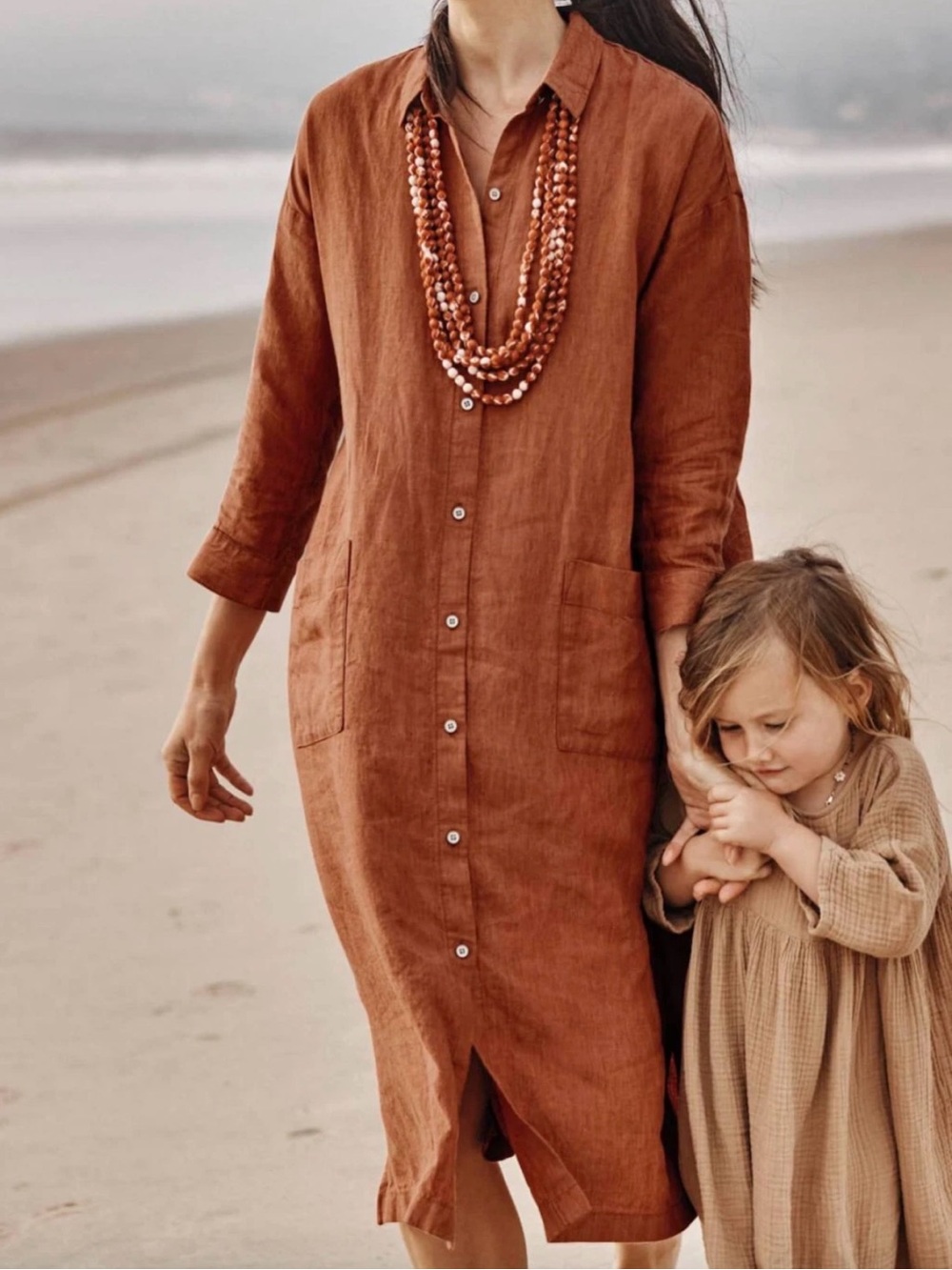 Women’s Maxi Shirt Dress in Rust Brown - Linen Button-Front